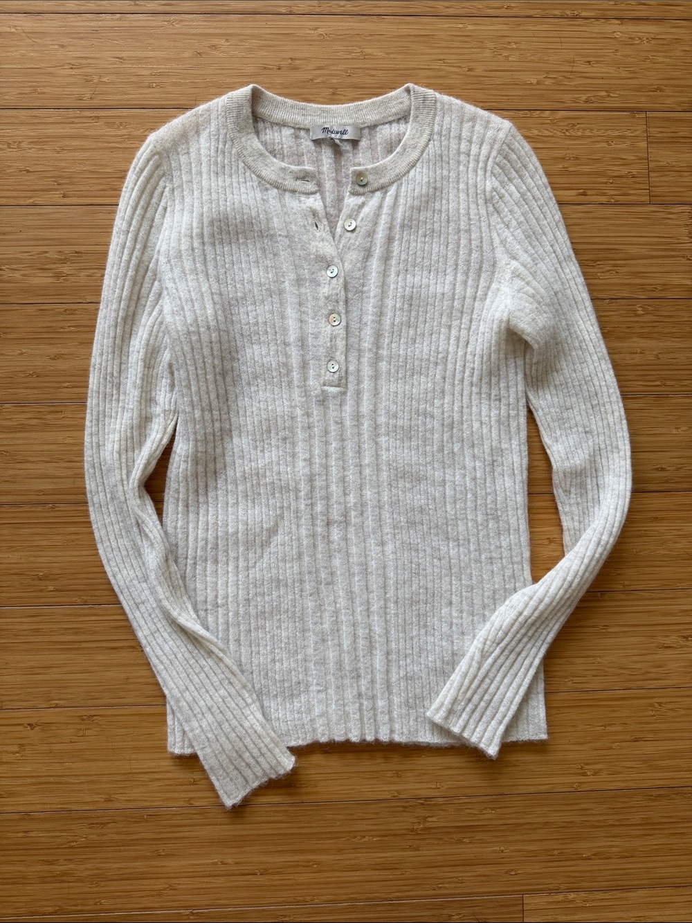 Madewell Ribbed Wool Blend Henley Cardigan in Light Oatmeal